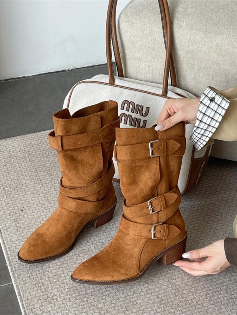 

Retro Western Cowboy Boots Women s 2025 New Belt Buckle Medium Boots Thick Heel Versatile Folding Knight Boots 40