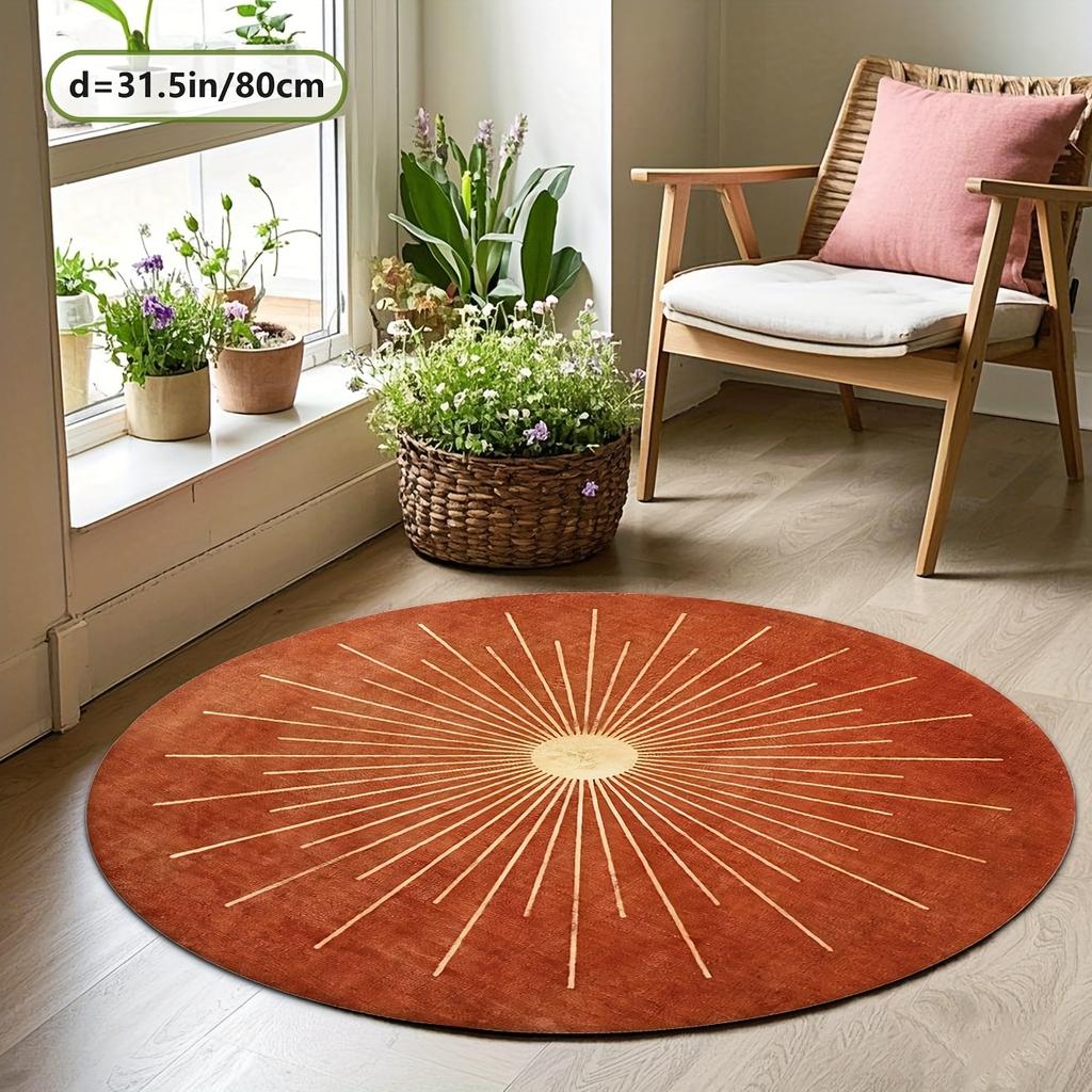 Flannel Printed Round Rug With Sunburst Design For Home Decor Soft Floor Mat Modern Art Theme Boho Style