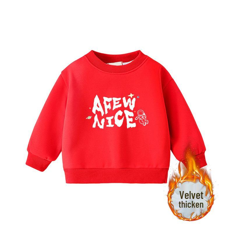 Children's Cartoon Print Velvet Lined Hoodie - Round Neck, Long Sleeve, Thickened Warm Base Layer