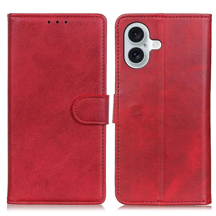 

For iPhone 16 Wallet Case Cowhide Texture Anti-Scratch Leather Phone Cover - Red
