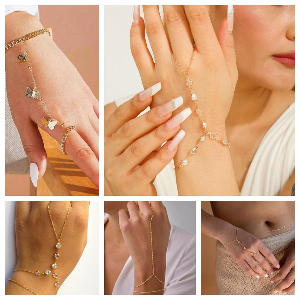 Bracciale Schiava Europeo Creativo in Cristallo Zirconia: Catena Quadrata con Perline e Collegamento al Dito da Donna