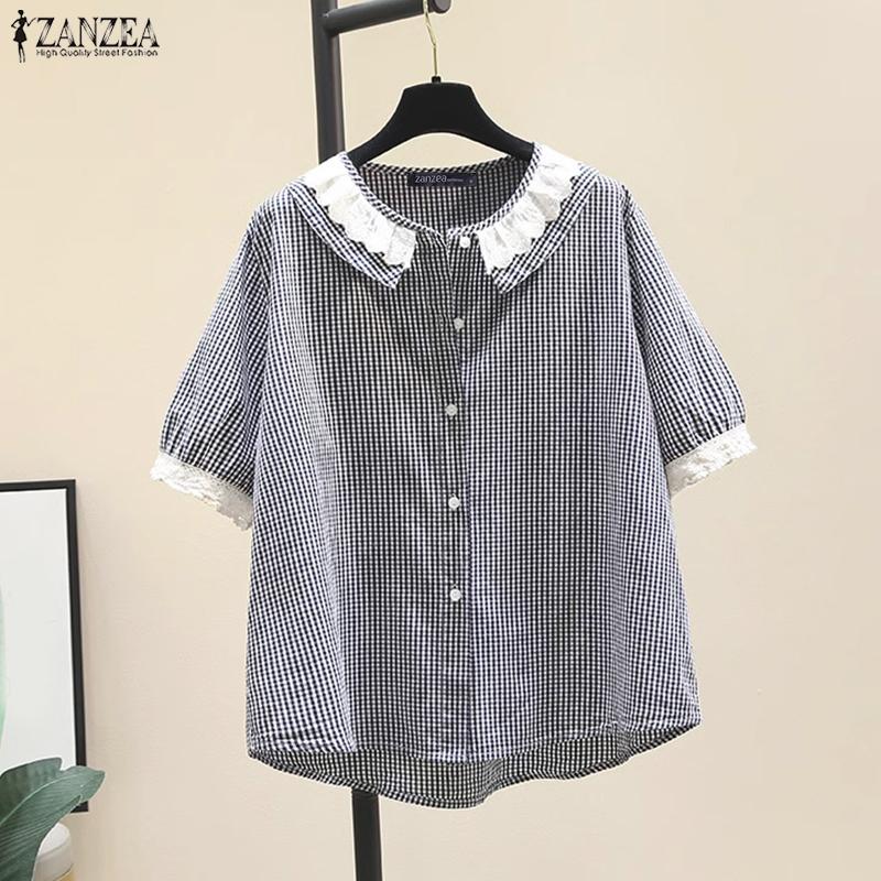 ZANZEA Womens Summer Splice Classic Collar Short Sleeve Grid Print Blouse