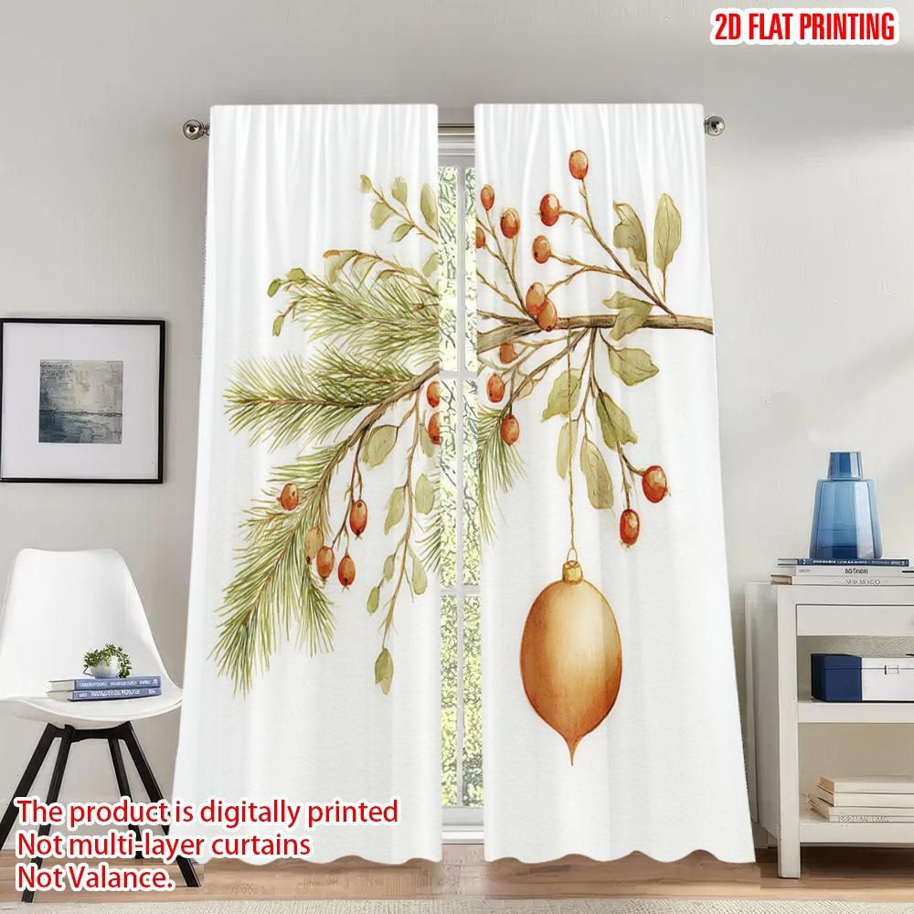 

Flat Printing Merry Christmas Curtains Pine Branch Berries Ornament Digital Printed Polyester Drapes Festive Set Of 2 Made W100*H70(CM)-Rod Pocket&1PCS