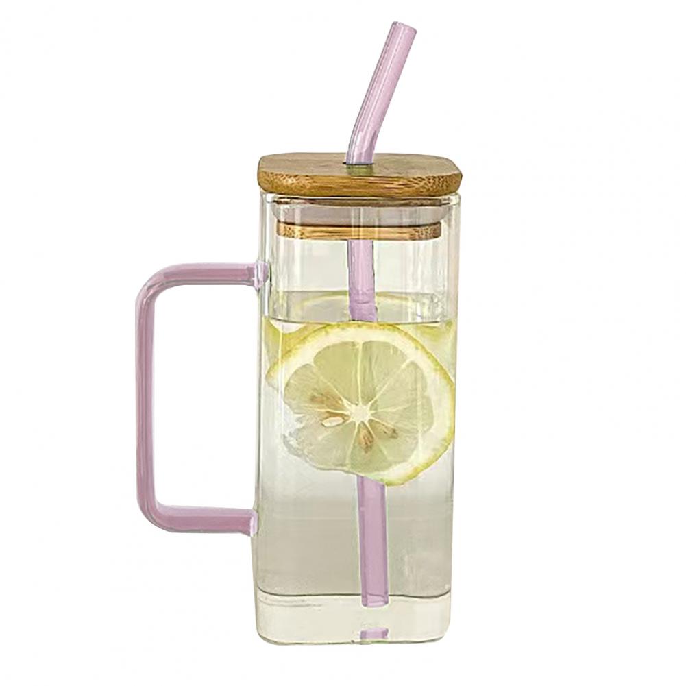 

Square Glass Tumbler with Handle And Lid 380ml Transparent Coffee Cup Portable Tea Milk Jar for Hot Cold Drinks Travel Water Cup 380ml рожевий