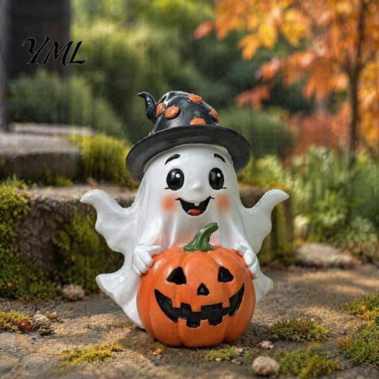 Halloween Ghost Pumpkin Decor Decoration, Holding Resin Figurine with Witch Soft Aesthetic Sculptures Hat, Spooky Cute Tabletop for Home Kitchen