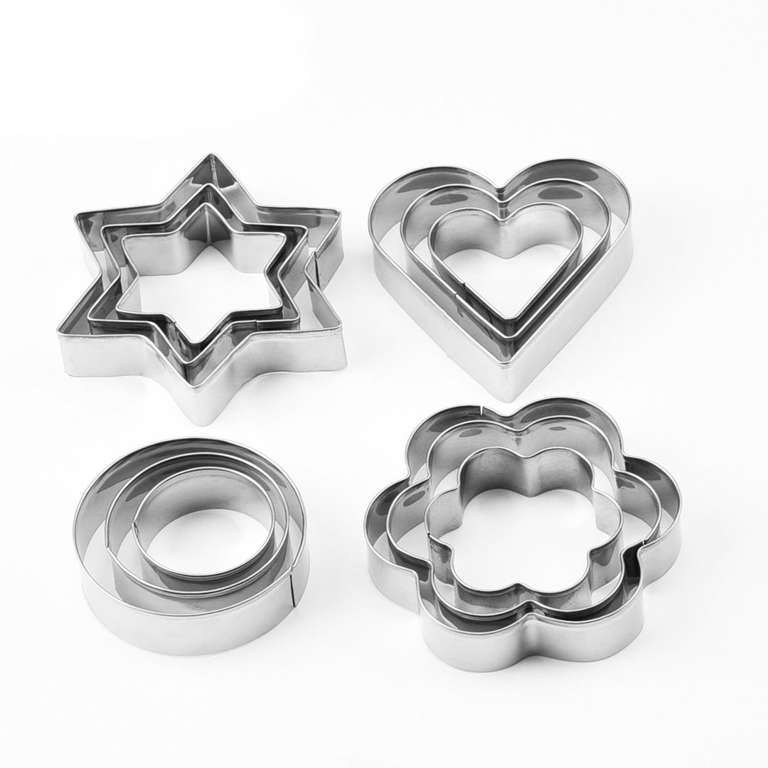 

12-Piece Stainless Steel Cookie Cutters: Heart, Star, Flower, Round Molds for Baking and Mousse.