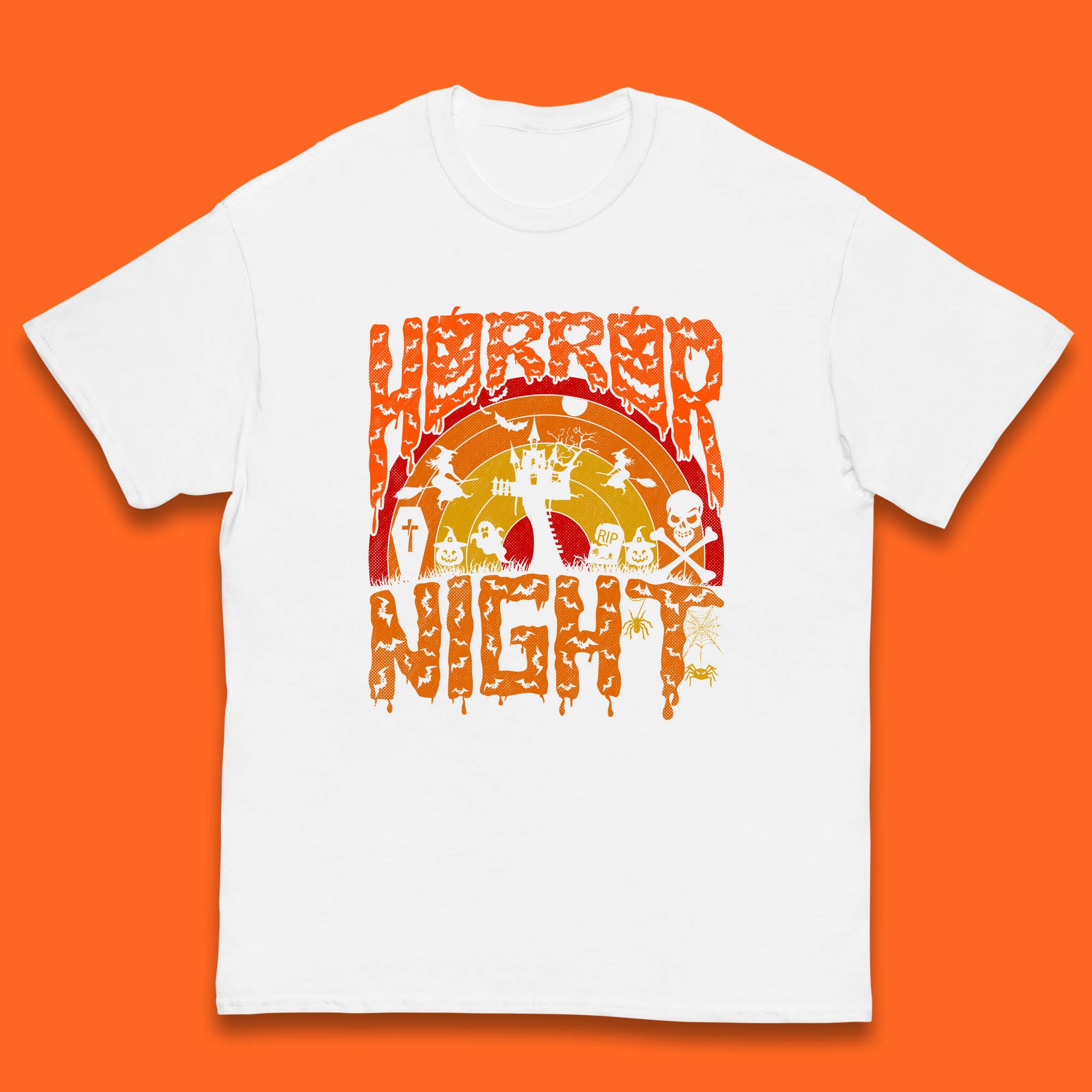 Halloween Horror Night Vintage Rainbow Flying witches Scary Boo Spooky Festive Night Kids T Shirt 120