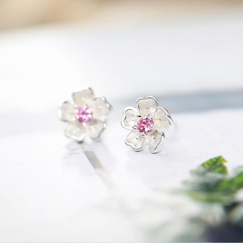 Japan and South Korea Small Fresh Simple Temperament Japanese Cherry Blossom Earrings Sweet Flowers Delicate Pink Purple Diamond Earrings Female