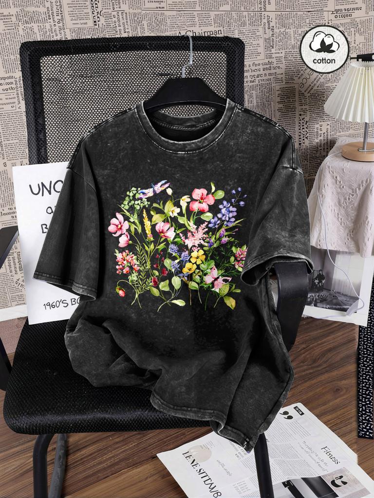 Beautiful Flowers Dragonflies Print Washed TShirts Womens Cotton Oversize T Shirt Summer Short Sleeve Tops Basic ONeck Clothes