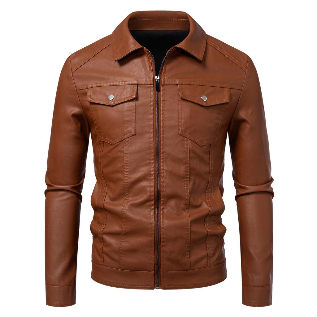 Men's Lapel Leather Jacket Autumn Oversized Slim Motorcycle Riding Suit PU Leather Waterproof Work Clothes