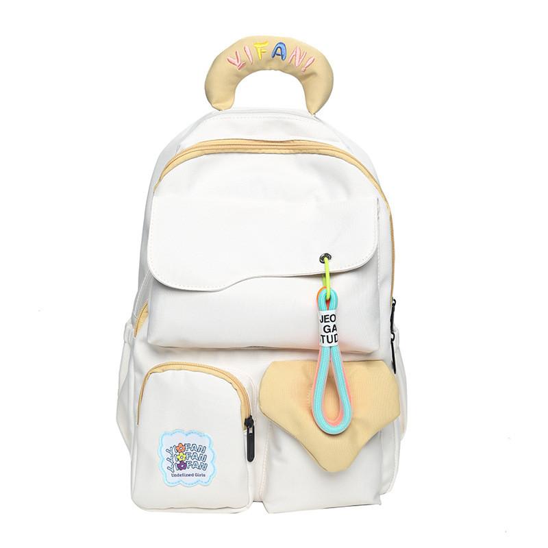 Handle Colorful Embroidered Design Color Blocked Student Backpack For Use Daily