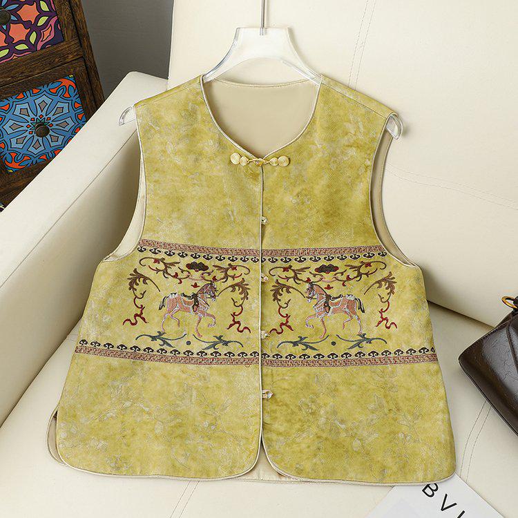 2026 Retro Chinese-Style Jacquard Vest for Mom: Sleeveless Shawl Top with Frog Buttons 2XL жёлтый