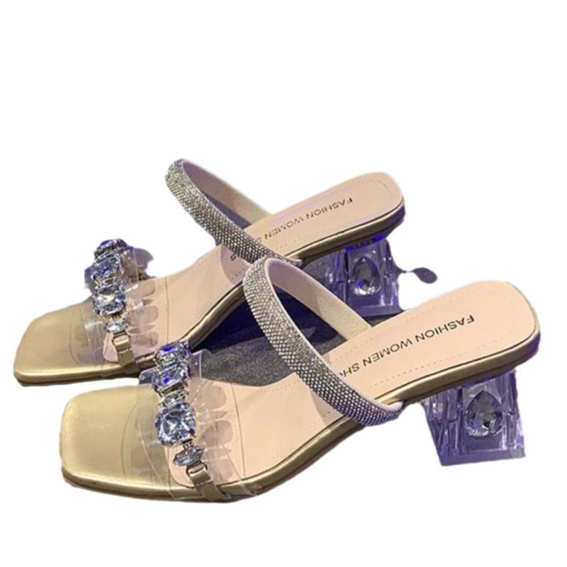 Sandale cu strasuri cu toc înalt pentru femei, vară, exterior, temperament, cuvânt transparent cu toc de cristal, toc gros, papuci frumoși franțuzești