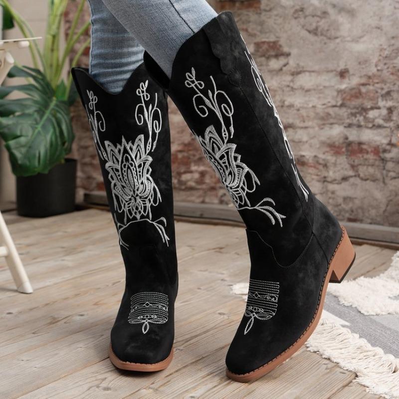 Large size embroidered high tube but knee fashion boots autumn and winter new square heel round head women's boots