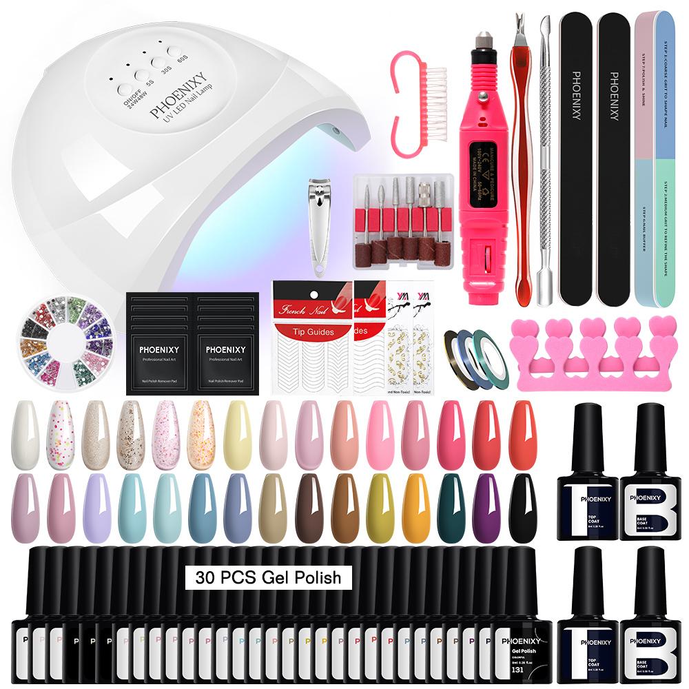 PHOENIXY 30 Colors Gel Nail Polish with USB Nail Drill Machine 48W UV LED Lamp Top Base Coat Manicure Set and DIY Nail Art Decoration Tools