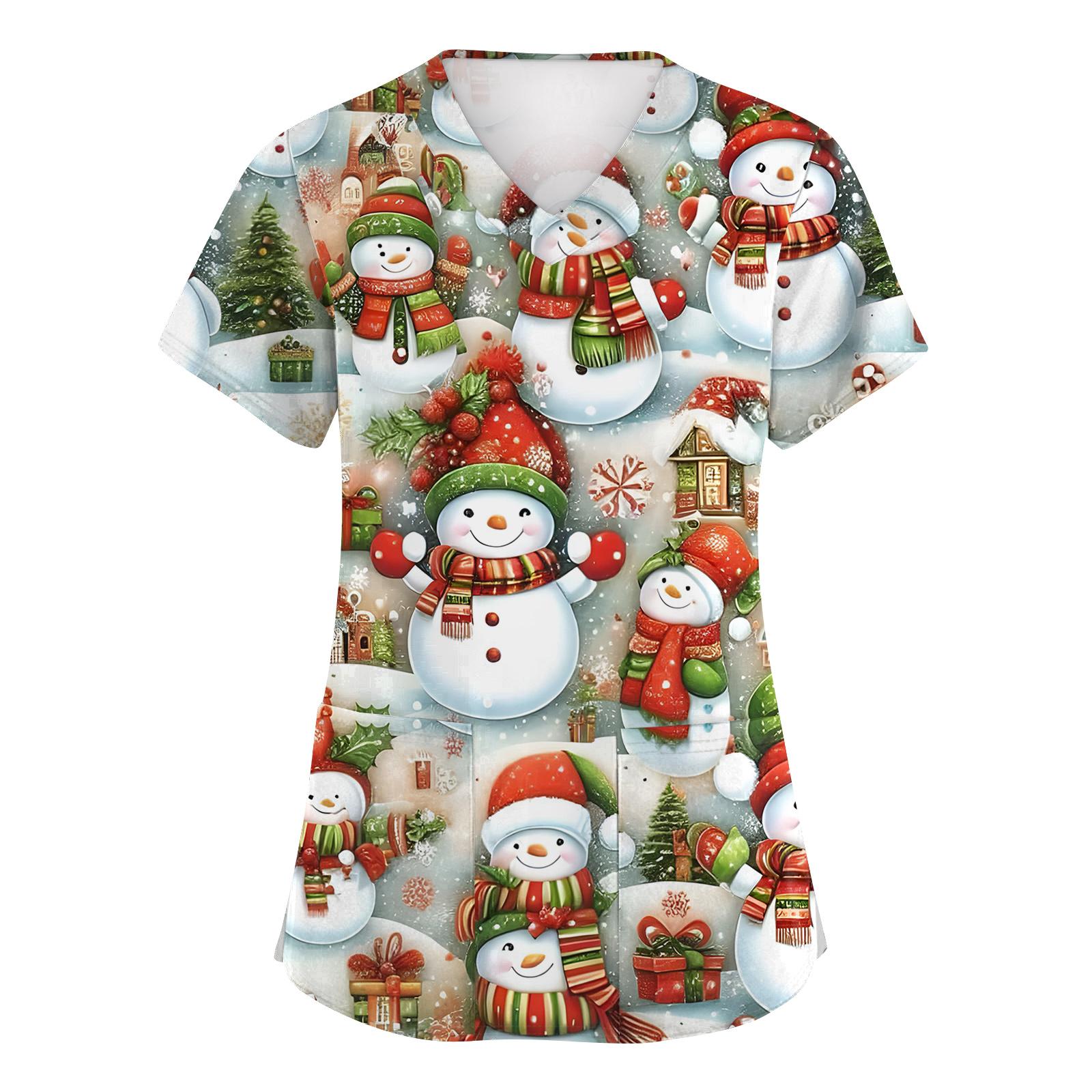 

Женские модные топы с коротким рукавом, рождественским принтом, V-образным вырезом, карманом, рабочая одежда XL