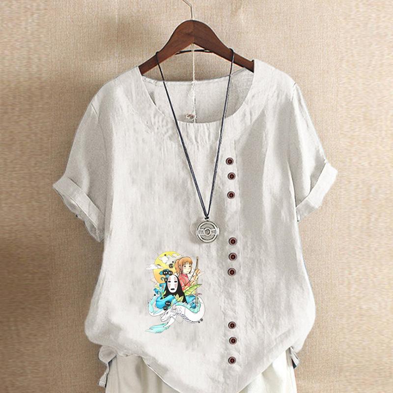 Women's New Fashion Linen Shirt Round Neck Short Sleeve Cartoon Characters Pattern Printed T-shirt Summer Ladies Casual Plus Size Blouse Tops