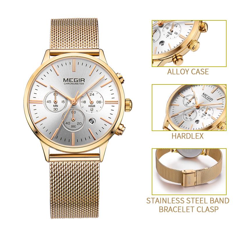 Megir Women's Chronograph Luminous Hands Date Indicator Quartz Wrist Watches Lady Rose Gold M2011L-1
