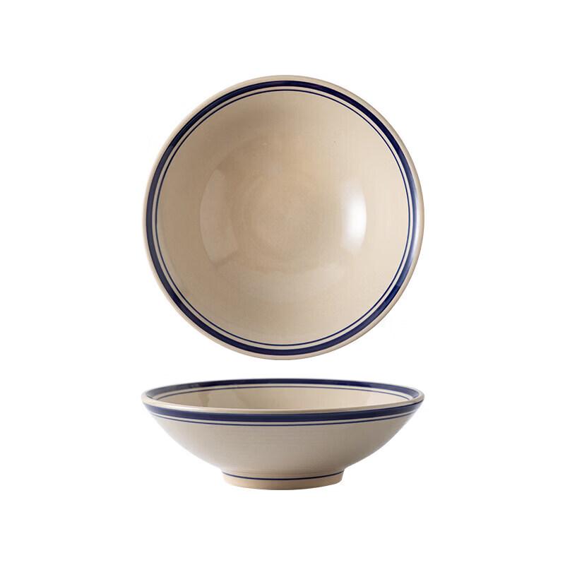 Retro Cream Style Ceramic Noodle Bowl with Double Blue Rim