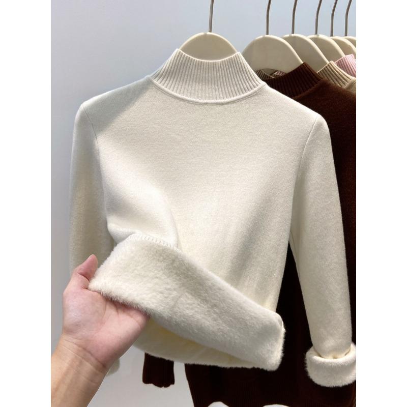 One-piece Fleece Turtleneck Knitted Sweater Women's Winter Solid Color Fleece Thickened Primer Sweater Soft Waxy Basic Inner Top