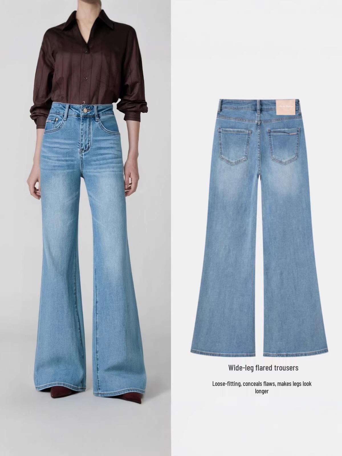 

Women s 2026 Spring Blue Embroidered Wide Leg Flare Jeans with Front and Back Pockets S (88-110 lbs) синий