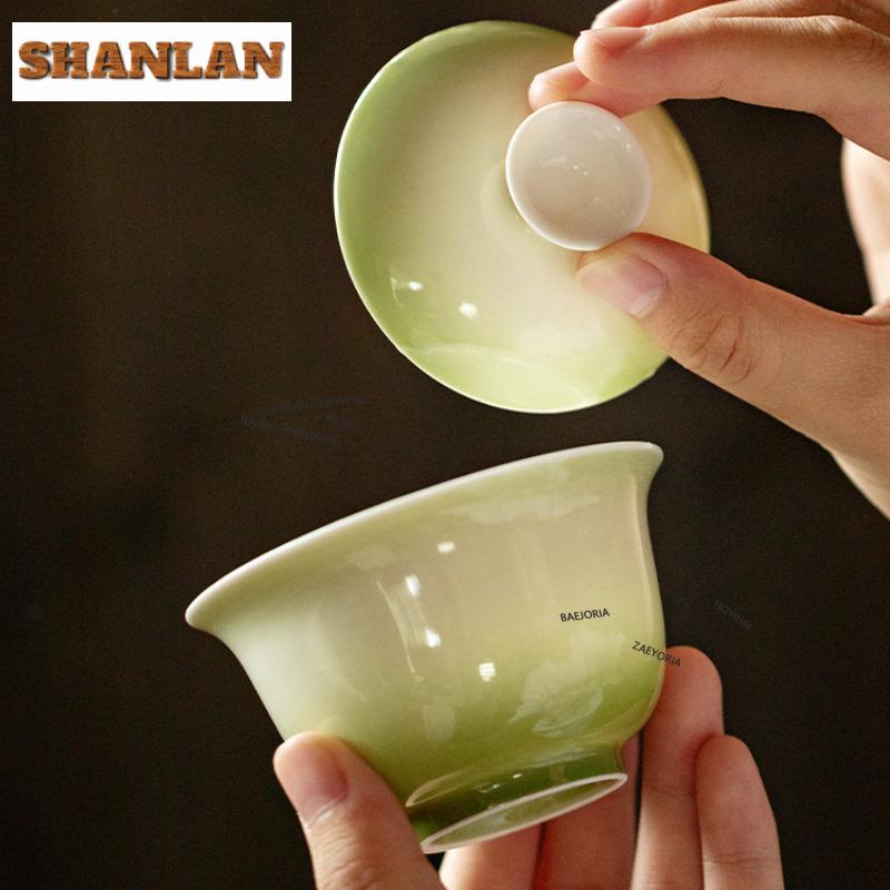 100ml Gradient Green Gaiwan Boutique Not Hot Tea Tureen Household Tea Bowl With Lid Kit Tea Maker Cover Bowl Tableware Gifts