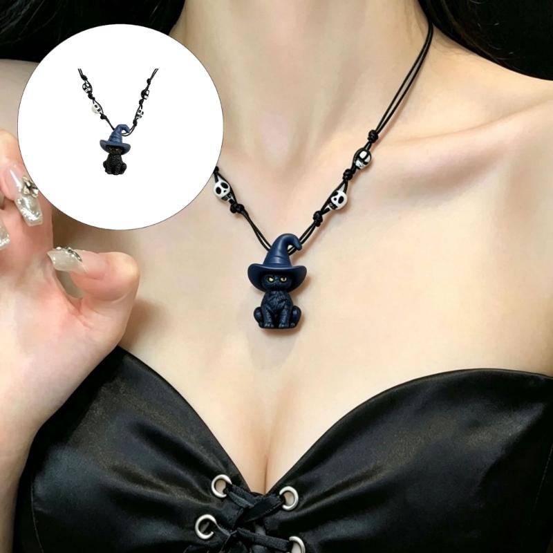 Feline Pendant Necklace with Witch Hat Charm, Lightweight Wax Cord Jewelry for Daily Wear, Party Looks, and Gift Giving
