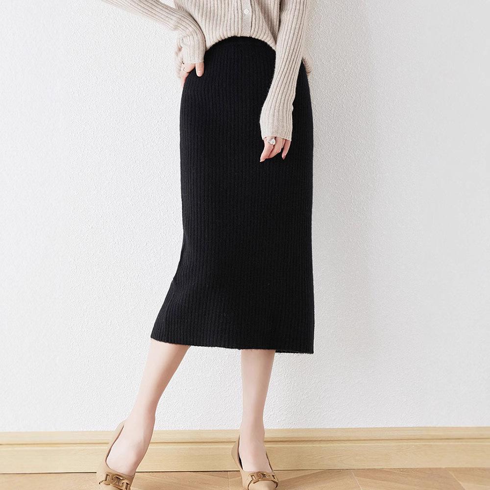 Women's 100% Wool Elastic High-Waist Knitted Midi Skirt with Back Slit