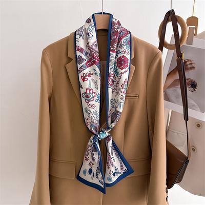 Women Satin Vintage Printed Design Scarf Shawl Fashion Luxury Long Narrow Small Scarves Ladies Headband Headscarf