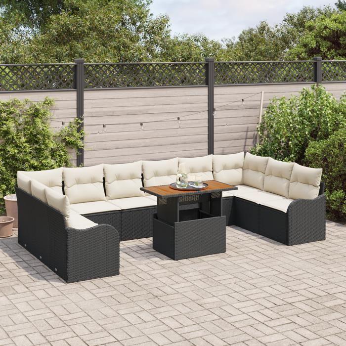 Ensemble de Canapé de Jardin 11 Pièces avec Coussins Noir Poly Rattan, Canapé de Jardin 2 Places avec Rangement et Coussins 3358245