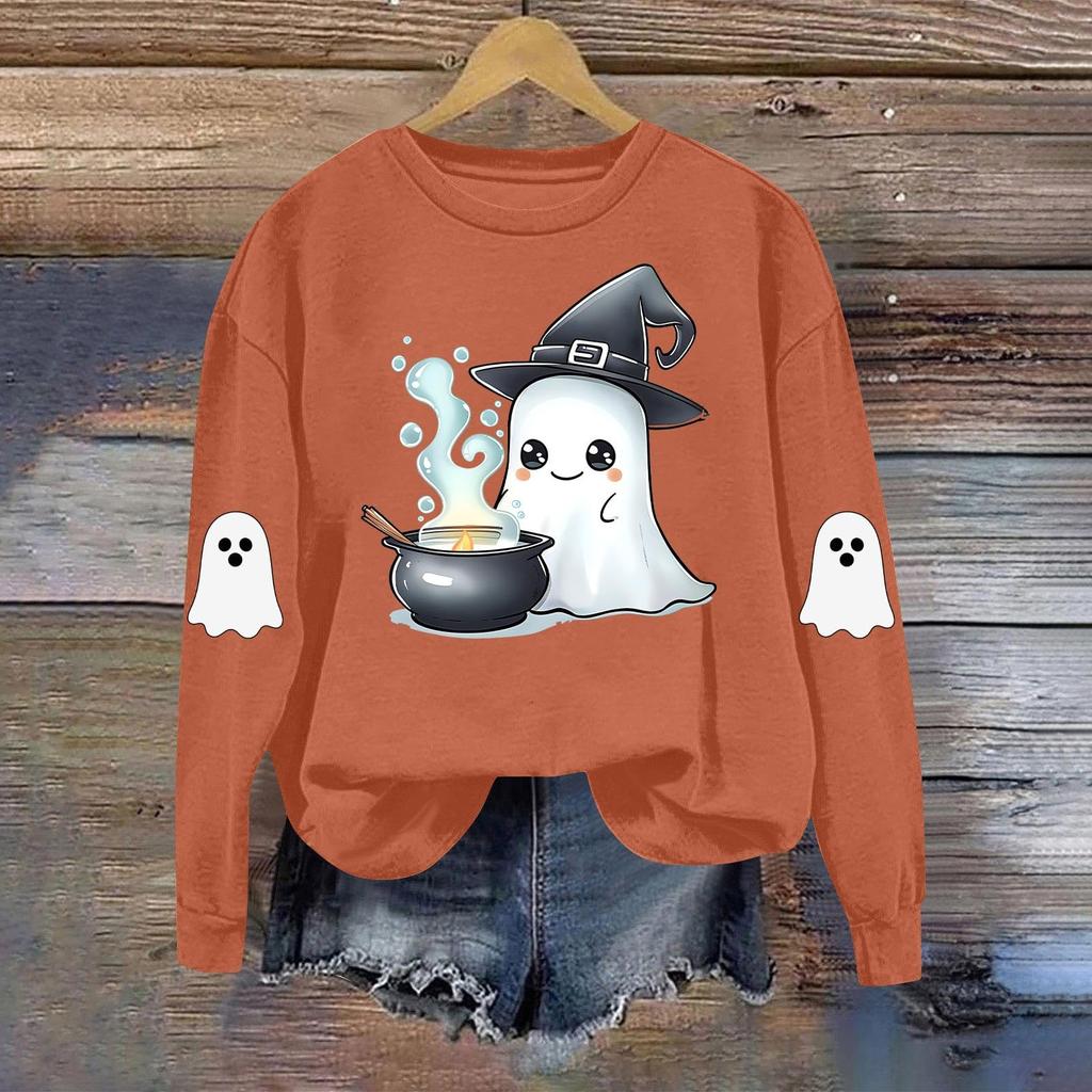 Women's Fashionable Casual Long-sleeved Halloween Printed Round-neck Top