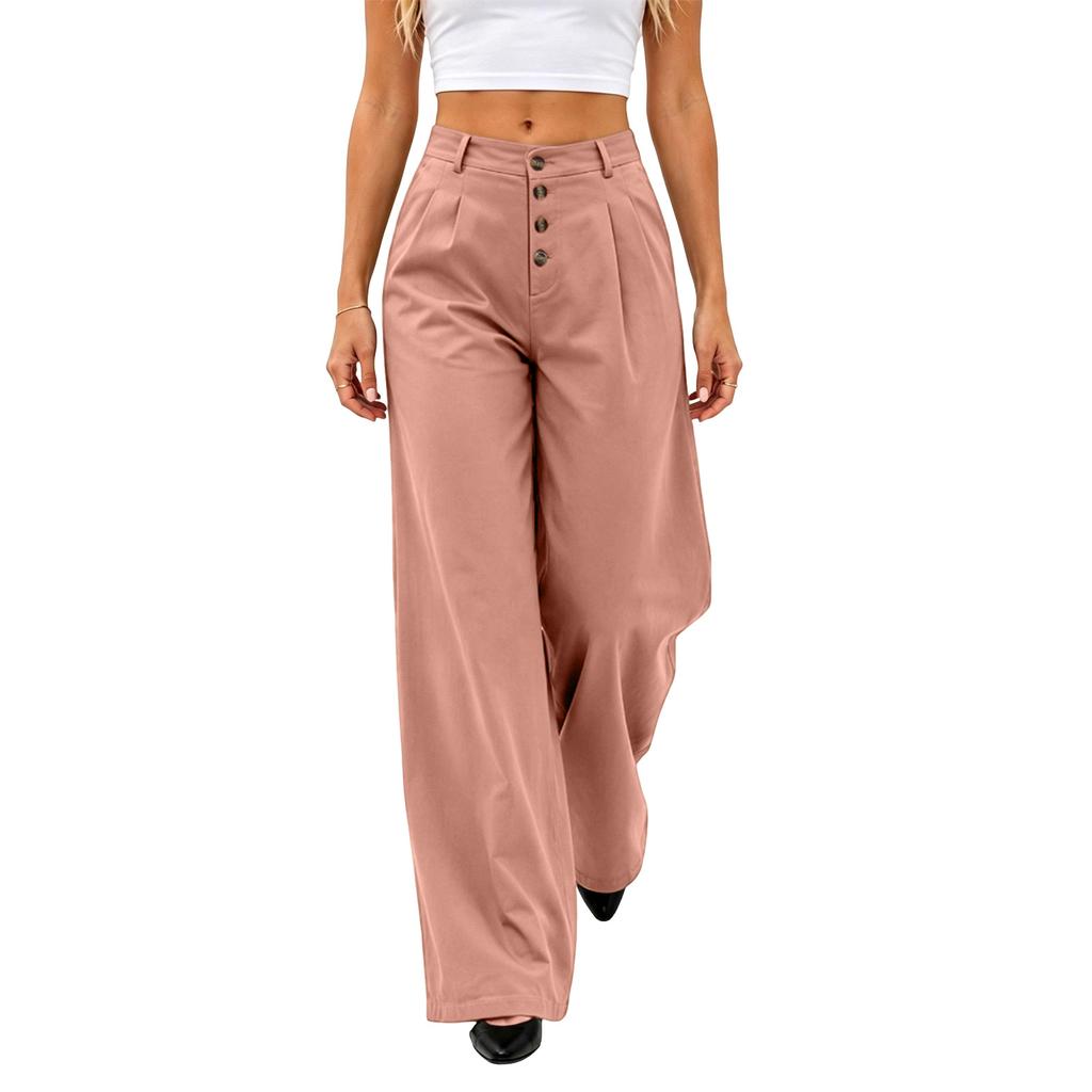 Women's Retro Loose Fit Wide Leg Casual Pants with Button Front for Everyday Wear