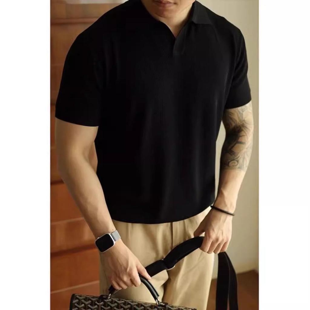 Tricou polo cu decolteu în V de designer pentru bărbați: Cu mâneci scurte, lejer, culoare solidă, modă la modă de primăvară/vară