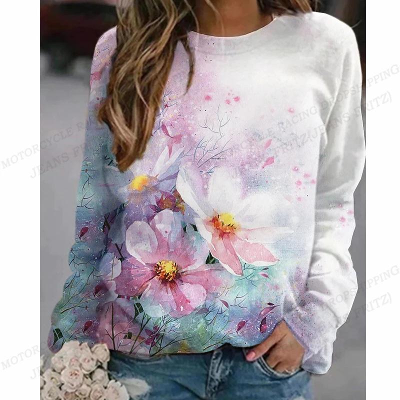 Vintage Hoodie Women Fashion O-neck Hoodies Scenery Print Sweats Women Hoodies Sweatshirts Long Sleeve Coat Crew Neck Pullovers