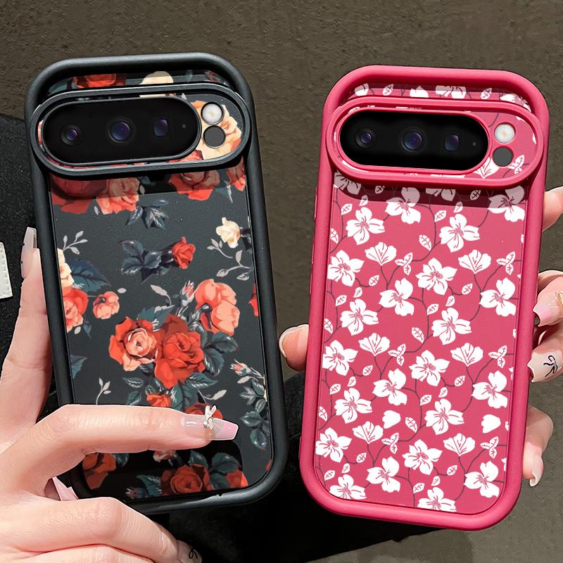 Rose Flower Pattern Plain Color Soft Silicone Phone Case for Google Pixel 9 8 Pro Xl 8a Shockproof Matte Lens Protection Anti-Fall Cover