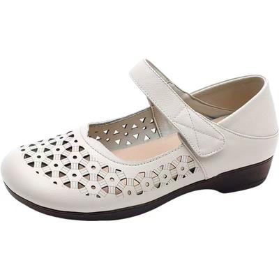 Women's Leather Baotou Hollow Out Flat Sole Sandals Summer New Soft Sole Breathable Velcro Lightweight Cave Shoes Elderly Sandal