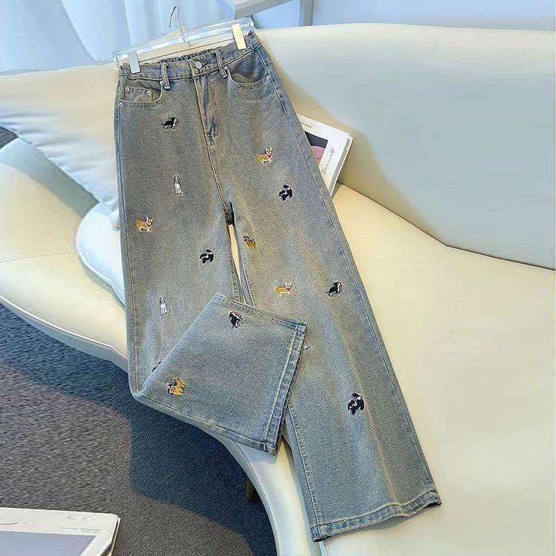 2026 New Autumn Women's High-Waist Wide-Leg Jeans with Dog Embroidery