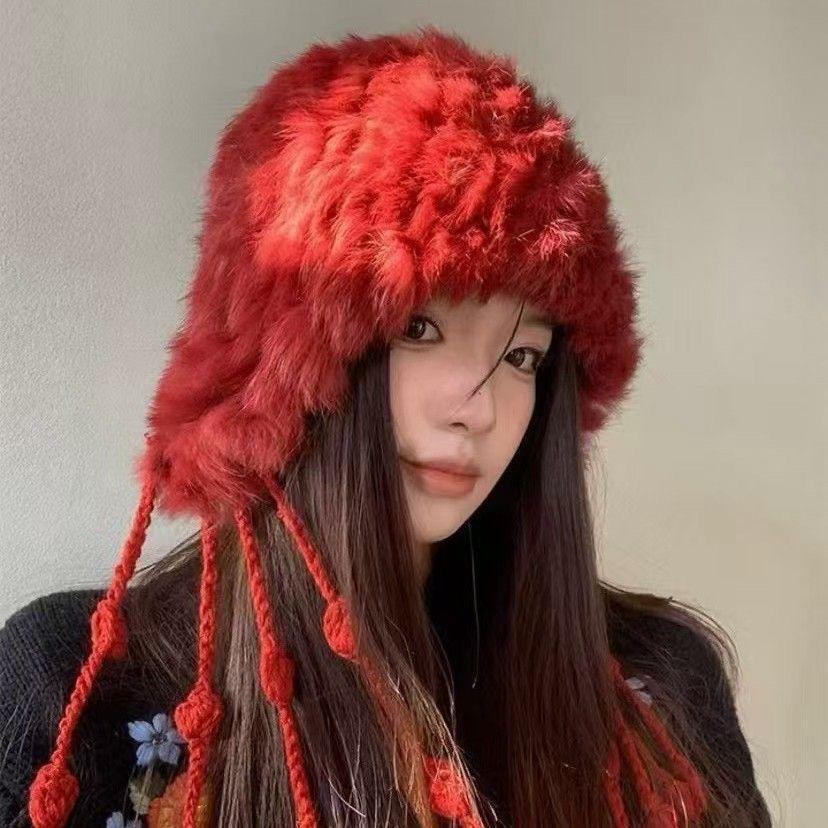 Rabbit-fur Knit Autumn Winter Cold-Weather Beanie with Fringe Earflaps New Style Thickened Woolen Hat for Warmth Woolen Beanie