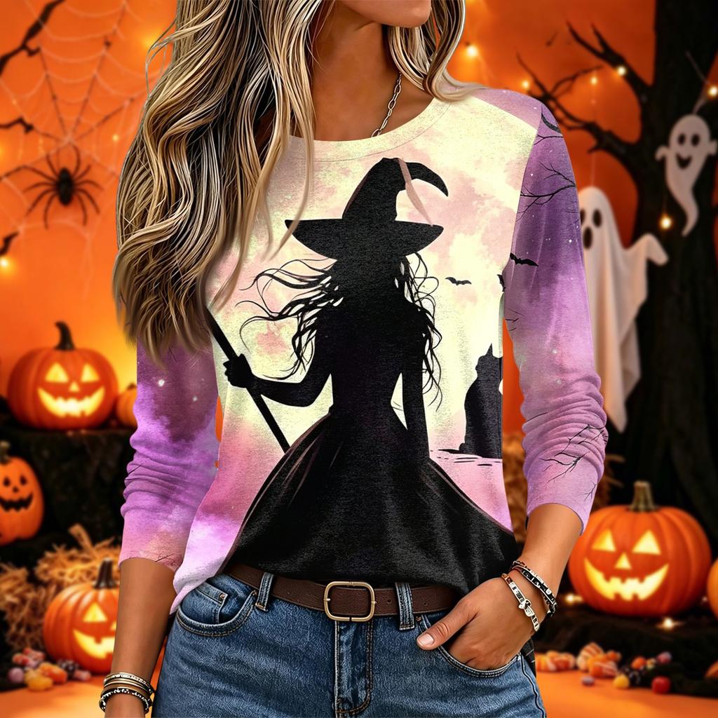 Women's Fashion Halloween Print Long Sleeve Neck Pullover Top for Fall