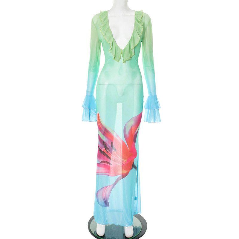 D25ds258 Fashion Cross-Border Women s Clothing Sexy Temperament Florals Gradient Printing Net Falbala Dress Blue S