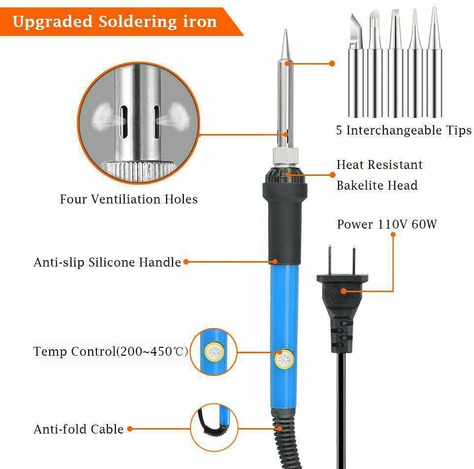 15-Piece Adjustable Soldering Kit with 60W Iron, 5 Tips, Desoldering Pump, Stand, and Tweezers