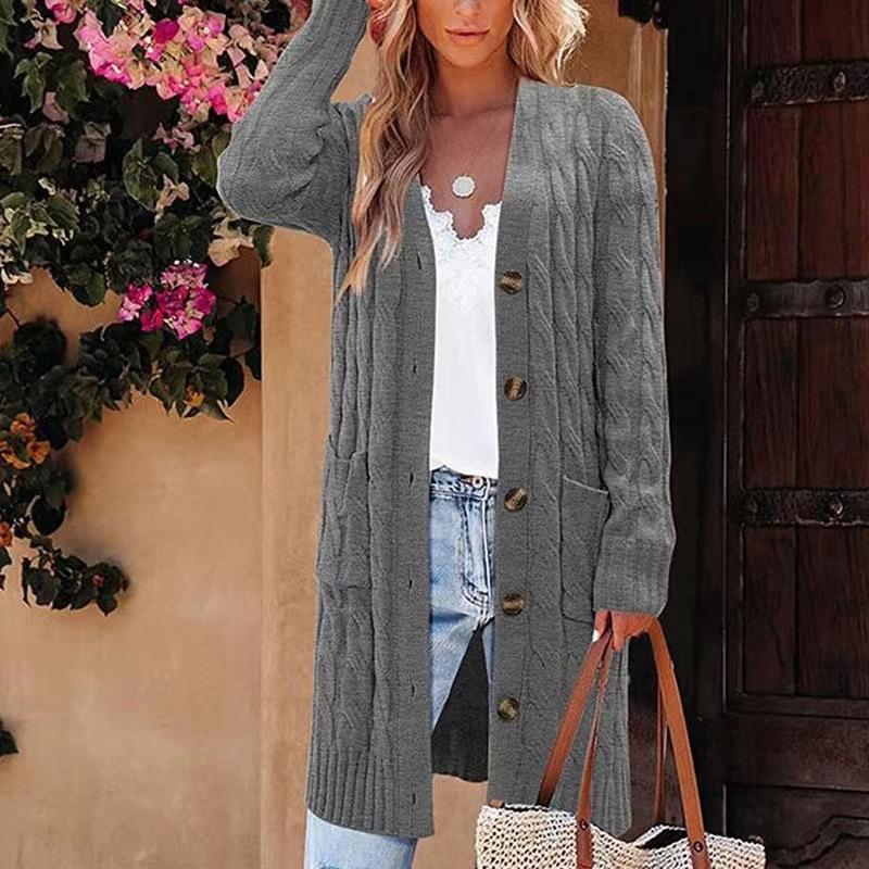 European and American Knitted Pocket Cardigan Autumn and Winter Long Twist Button Cardigan Sweater Jacket