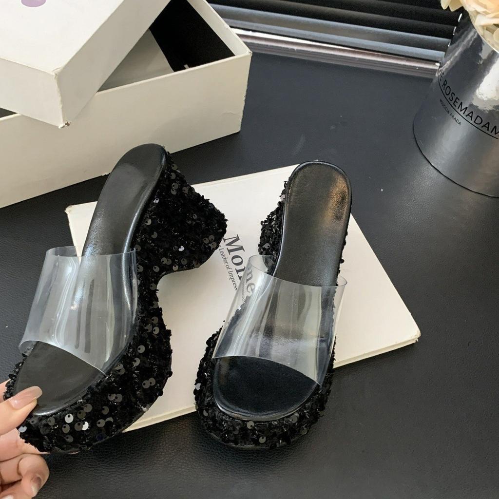 Small Man Height Gain Super High Heels Glitter Sequins Women's Summer Slope Heel Transparent Muffin Bottom Thick Sole Beach Cool Slippers