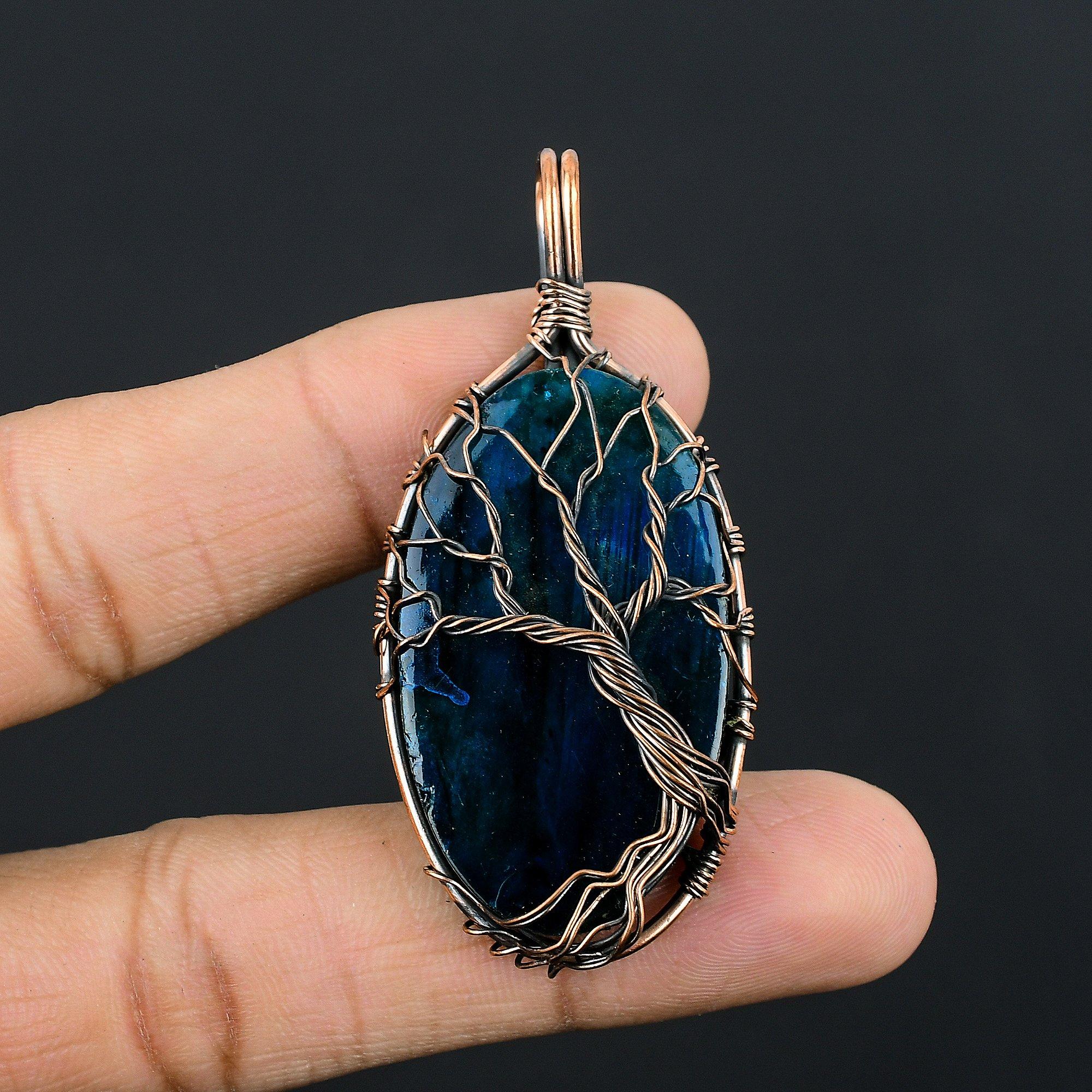 

Подвеска ручной работы из лабрадорита с голубым отблеском, украшения из натуральных драгоценных камней, подвеска, обернутая медной проволокой 999 пробы, для подарка 2.55 Inches