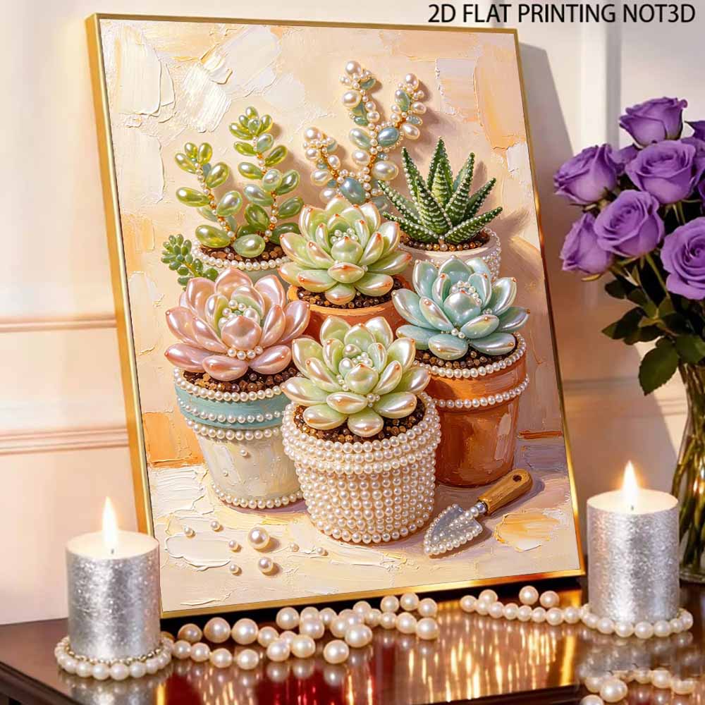 DIY Pearl Painting Canvas Succulents Design Shiny 3D Bead Art Kit Creative Leisure Craft for Living Room Wall Decor