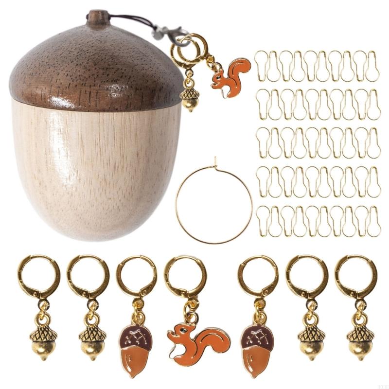 Wooden Acorn Animal Knitting Markers With Storage Box Locking Stitching Markers For Knitting Handmade Crochet Craft B03E