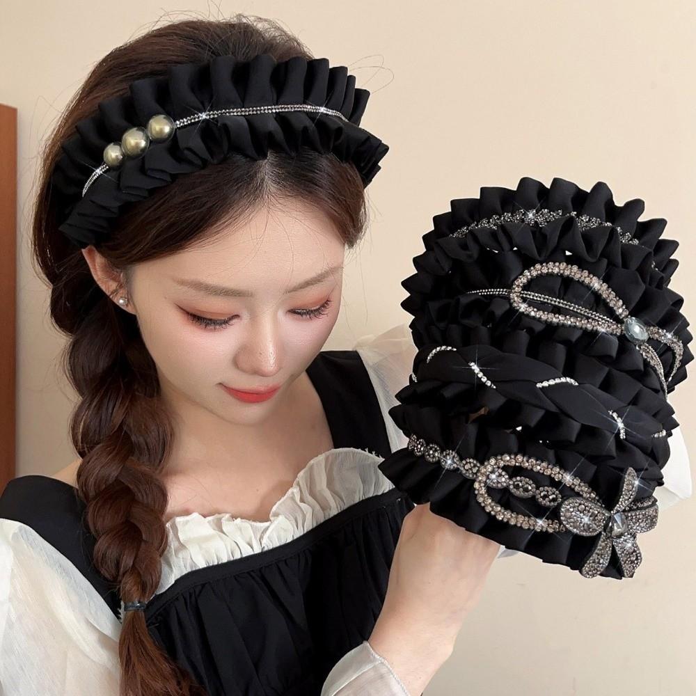 Rhinestone Women Hair Hoop Cloth Wrinkle Headband Fashion Black Hairband  Funeral