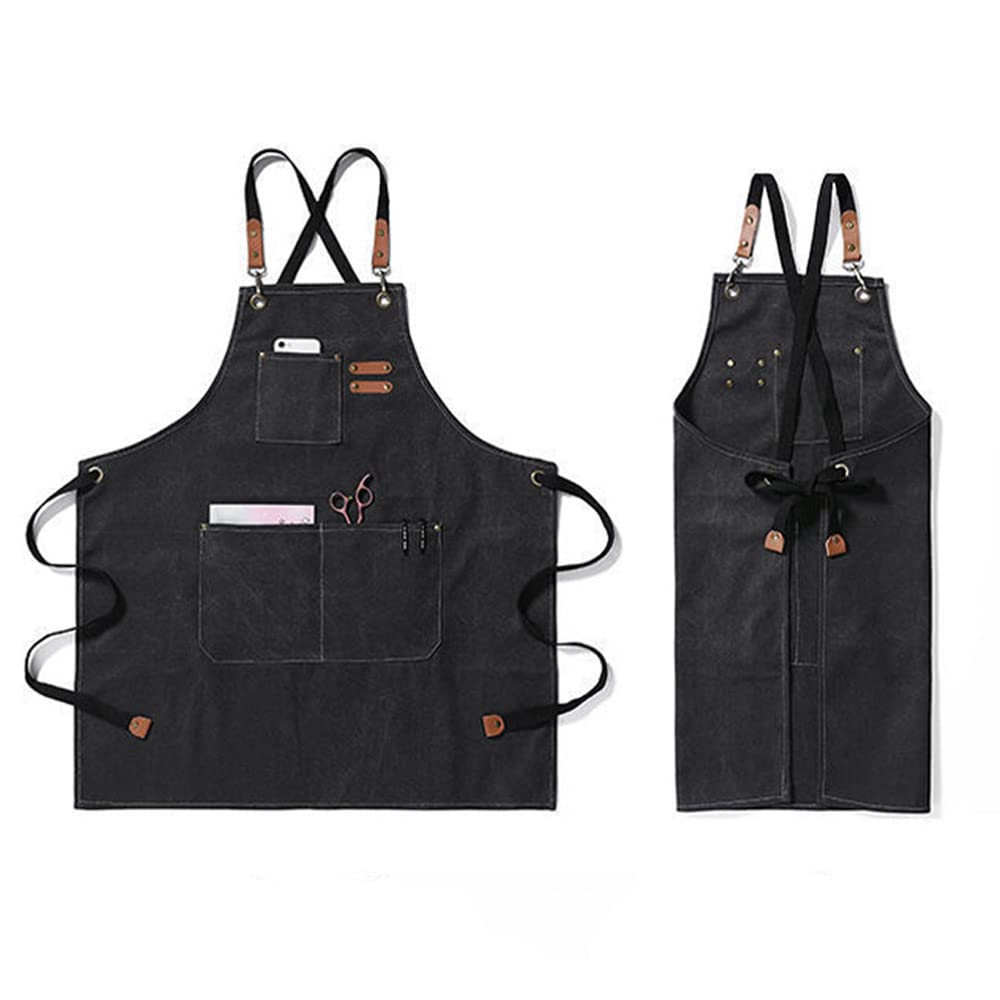 Deoway Large Work Apron with Tool Pockets for Outdoor and Thick One Size Fits Most Camping, BBQs, Cafes, Cotton, (Black)