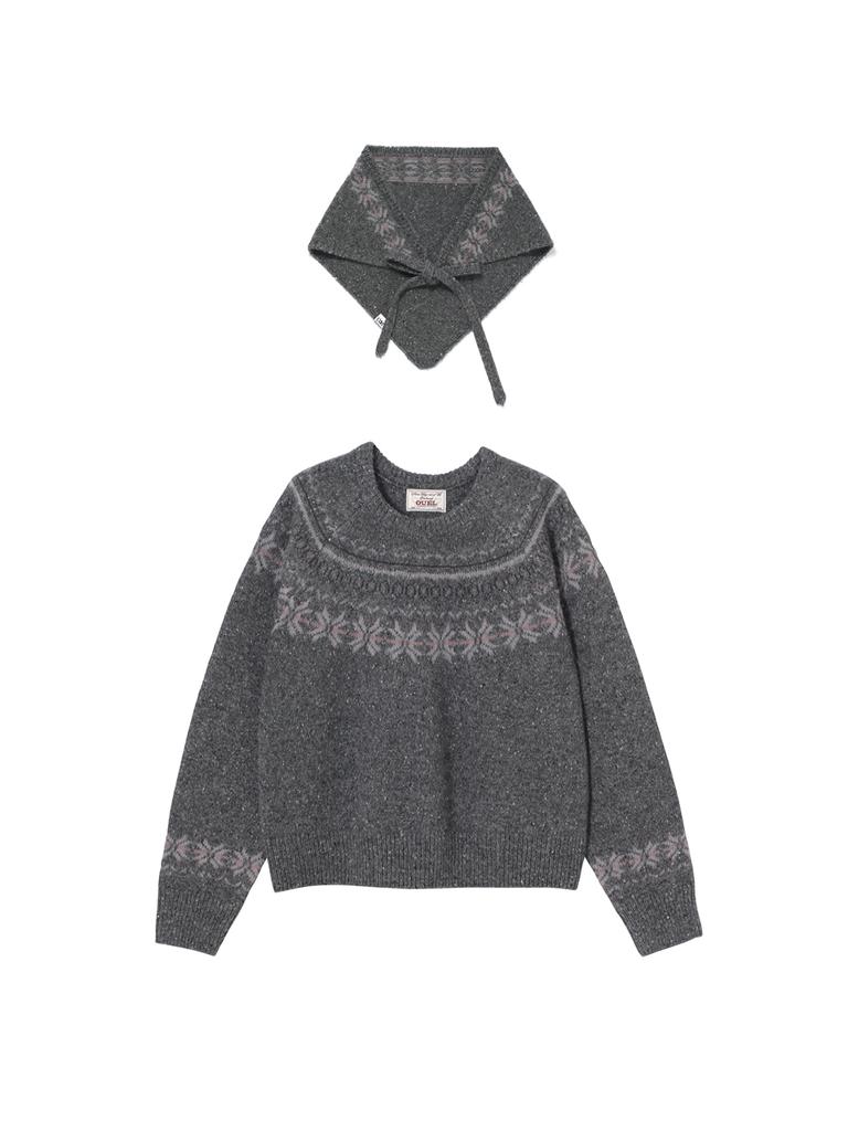 OUEL Wool Silk Blended Nordic Knit+Head Scarf Set_Dark Gray
