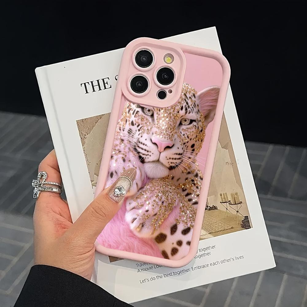Pink diamond studded tiger pattern phone case suitable for iPhone 17 16 15 14 13 12 11 Pro/Max/Plus anti drop and shockproof